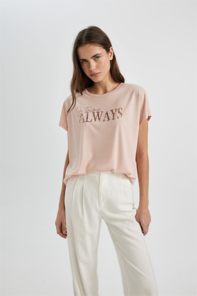 Женщины Розовый Футболка с коротким рукавом с круглым вырезом с принтом-слоганом для женщин