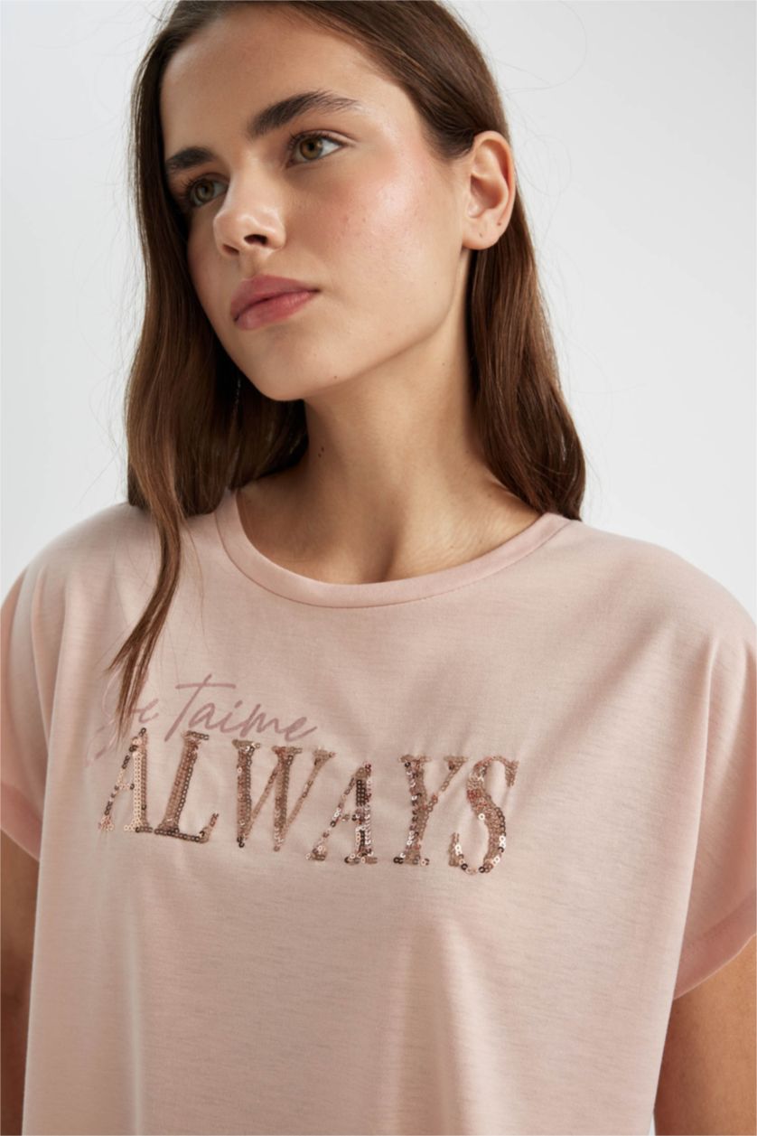 Женщины Розовый Футболка с коротким рукавом с круглым вырезом с принтом-слоганом для женщин