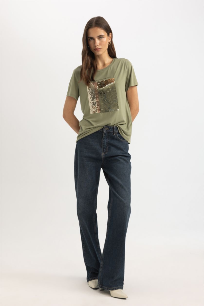 Kadın Haki Regular Fıt Kısa Kollu Tişört