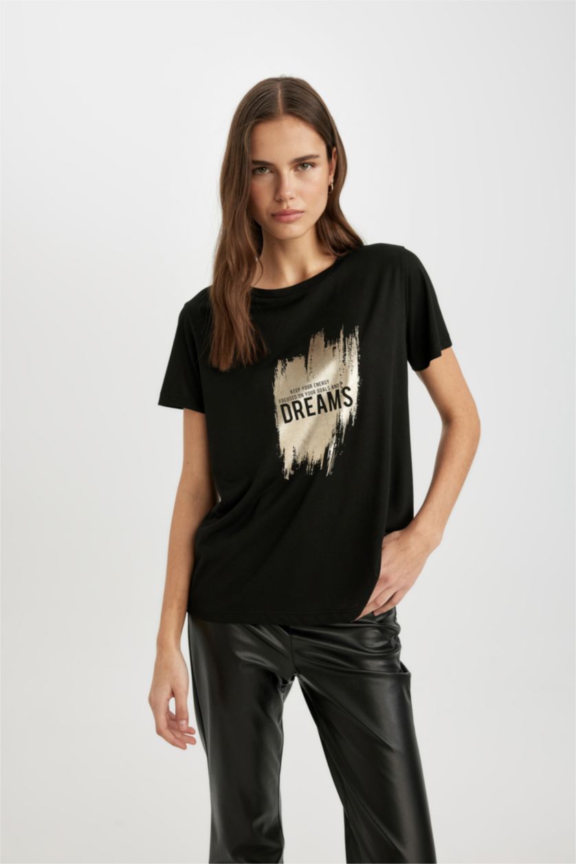 WOMAN Black Regular Fit Crew Neck Printed Short Sleeve T-Shirt