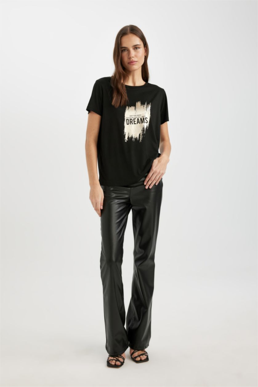 WOMAN Black Regular Fit Crew Neck Printed Short Sleeve T-Shirt