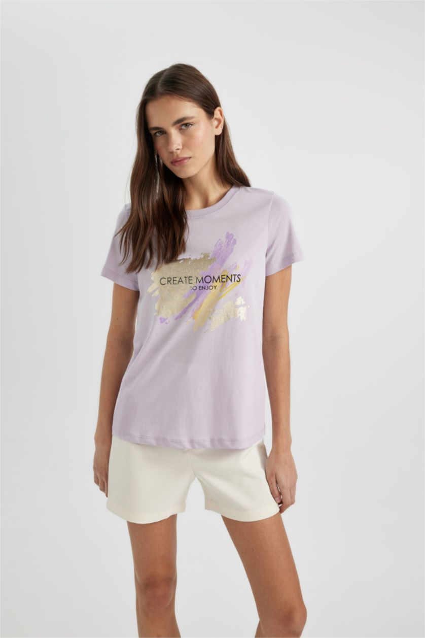 Kadın Açık Lila Regular Fıt Penye Kısa Kollu Tişört