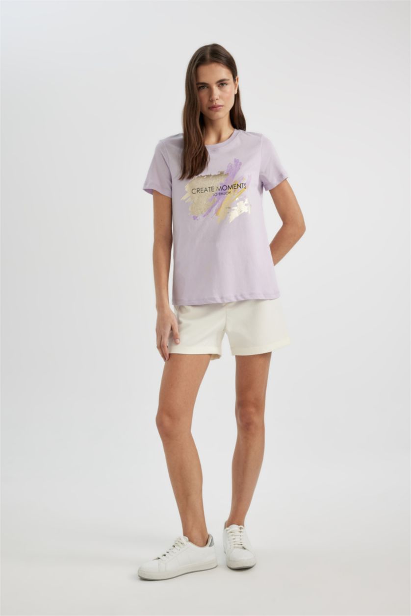 Kadın Açık Lila Regular Fıt Penye Kısa Kollu Tişört