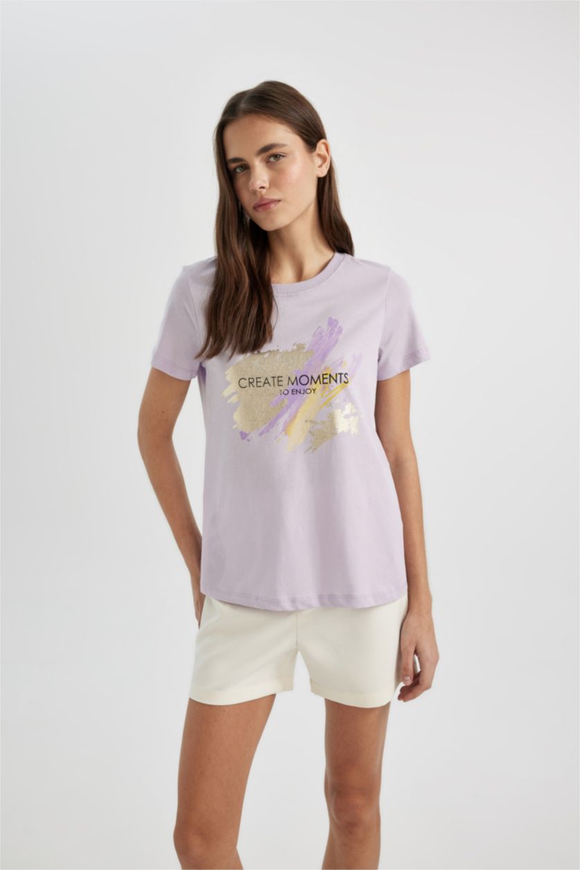 Kadın Açık Lila Regular Fıt Penye Kısa Kollu Tişört