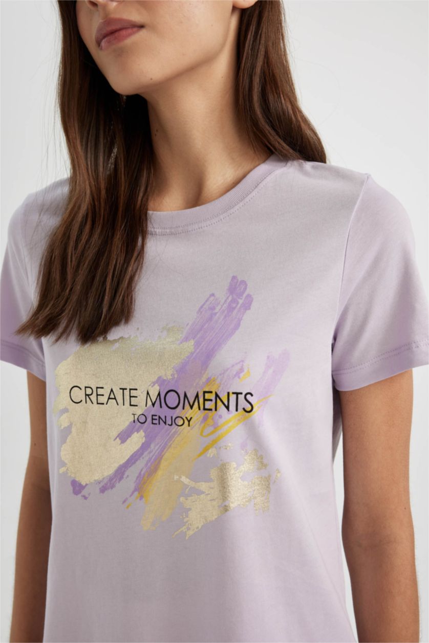 Kadın Açık Lila Regular Fıt Penye Kısa Kollu Tişört