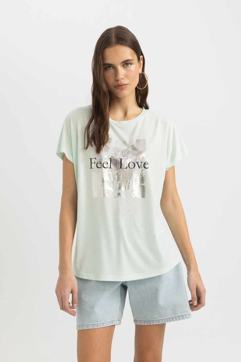 نساء أكوا فاتح تيشيرت نص كم قطن قصة عادية مطبوع