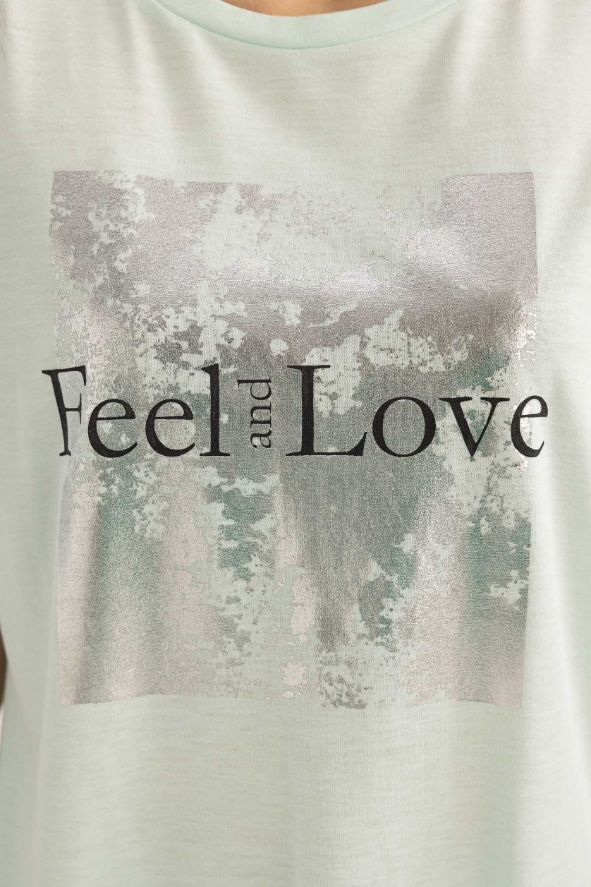 نساء أكوا فاتح تيشيرت نص كم قطن قصة عادية مطبوع