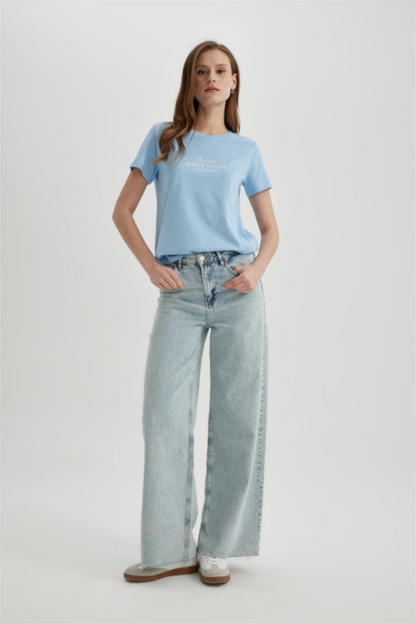 نساء أزرق تيشيرت نص كم قصة عادية برقبة مستديرة