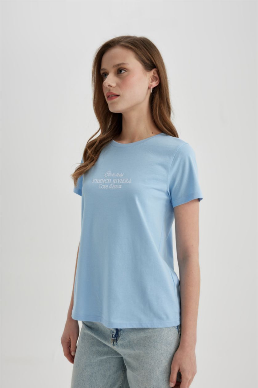 نساء أزرق تيشيرت نص كم قصة عادية برقبة مستديرة