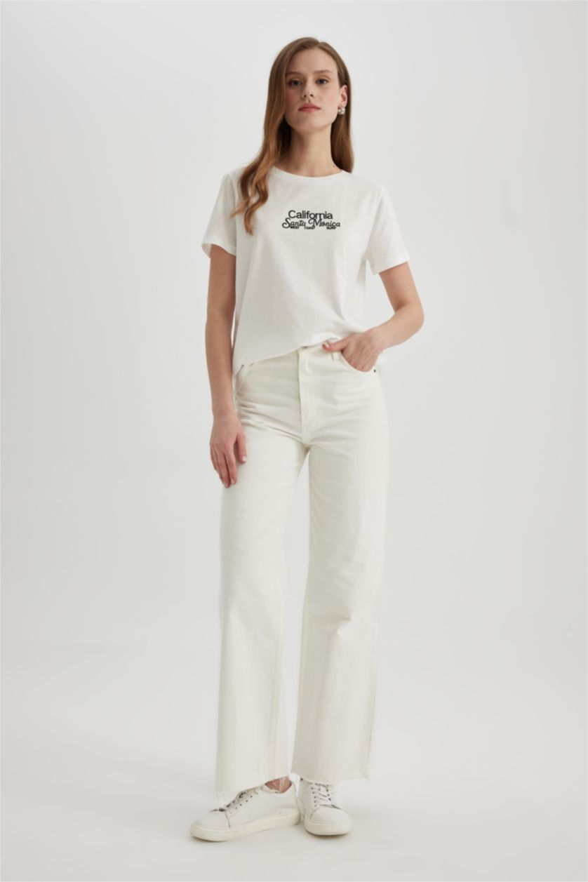 WOMAN Ecru Regular Fit Crew Neck Printed Cotton T-Shirt