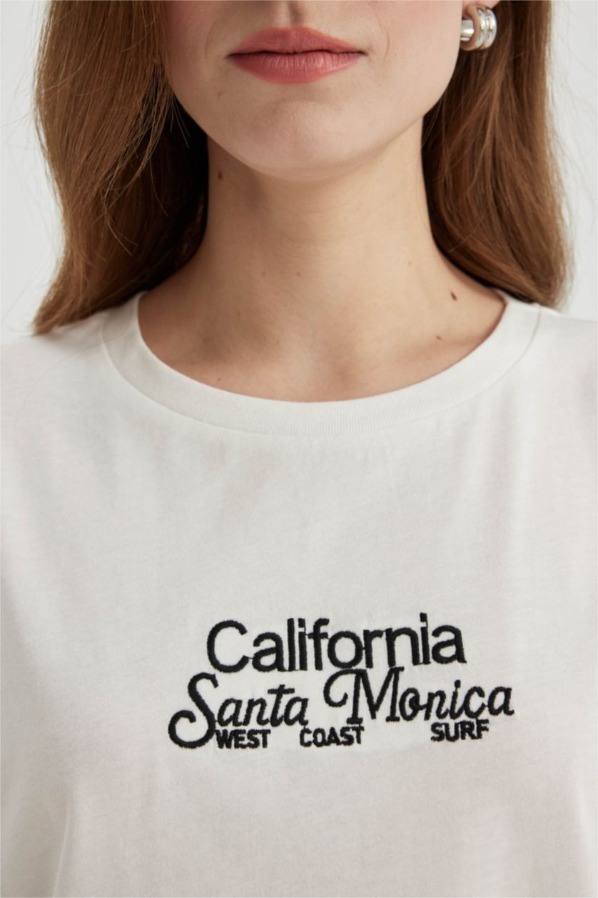 WOMAN Ecru Regular Fit Crew Neck Printed Cotton T-Shirt