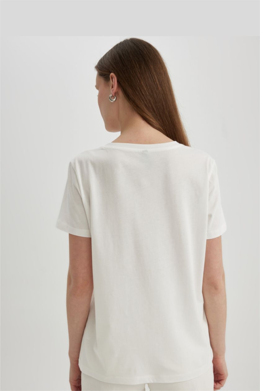 WOMAN Ecru Regular Fit Crew Neck Printed Cotton T-Shirt