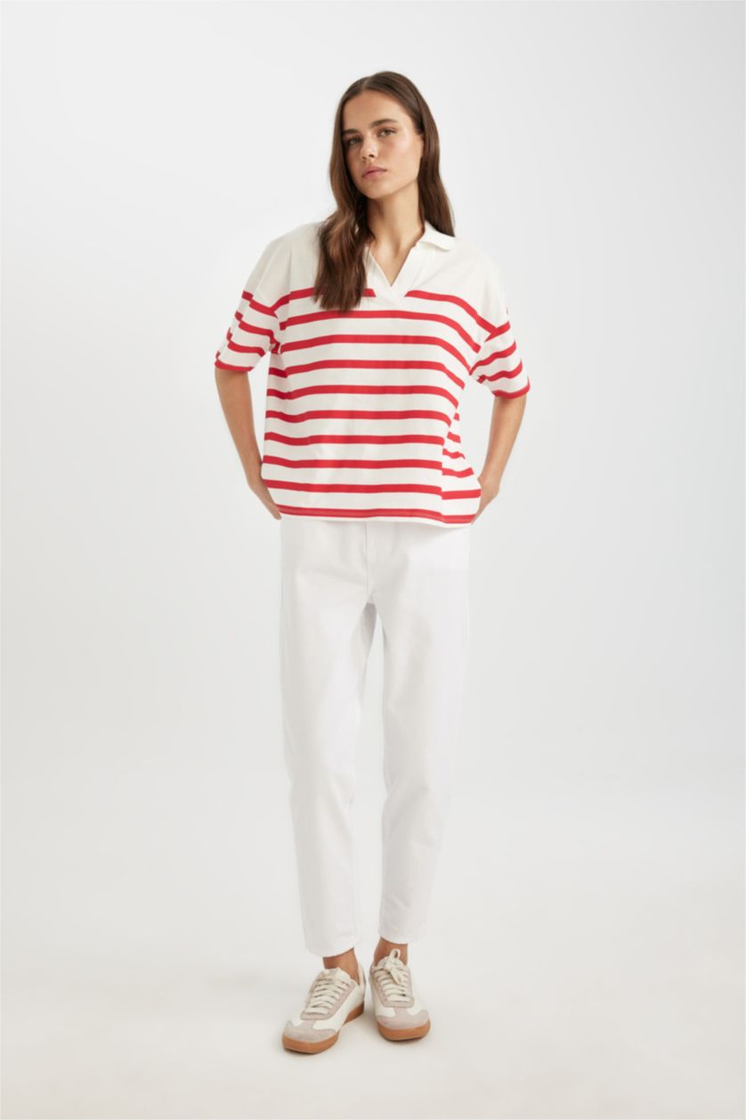 WOMAN Red Relax Fit Polo Neck Cotton Striped Polo T-Shirt