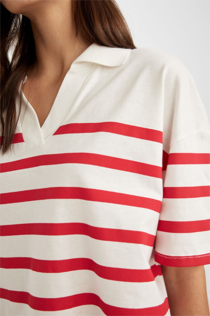 WOMAN Red Relax Fit Polo Neck Cotton Striped Polo T-Shirt