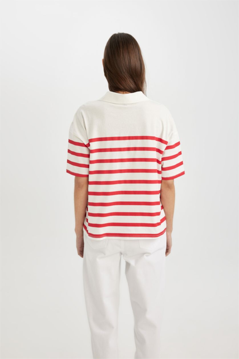 WOMAN Red Relax Fit Polo Neck Cotton Striped Polo T-Shirt
