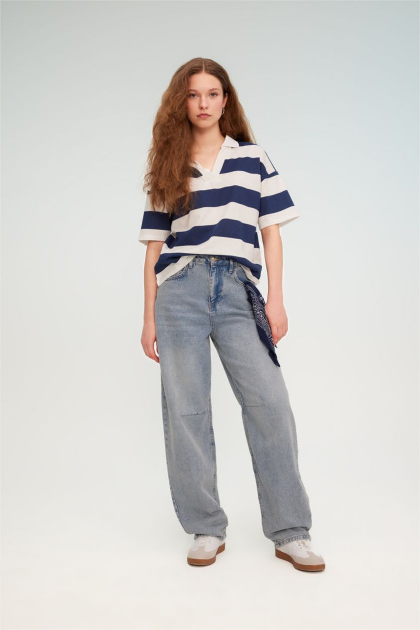 Woman NAVY Relax Fit Polo Collar Striped Short Sleeve Polo T-Shirt