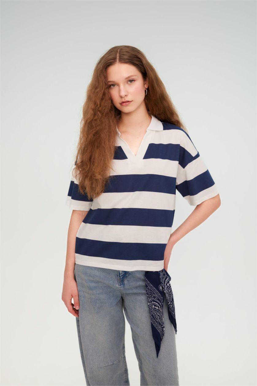 Woman NAVY Relax Fit Polo Collar Striped Short Sleeve Polo T-Shirt