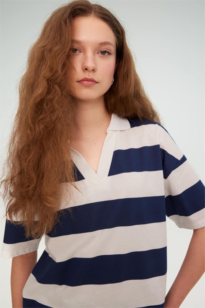 Woman NAVY Relax Fit Polo Collar Striped Short Sleeve Polo T-Shirt