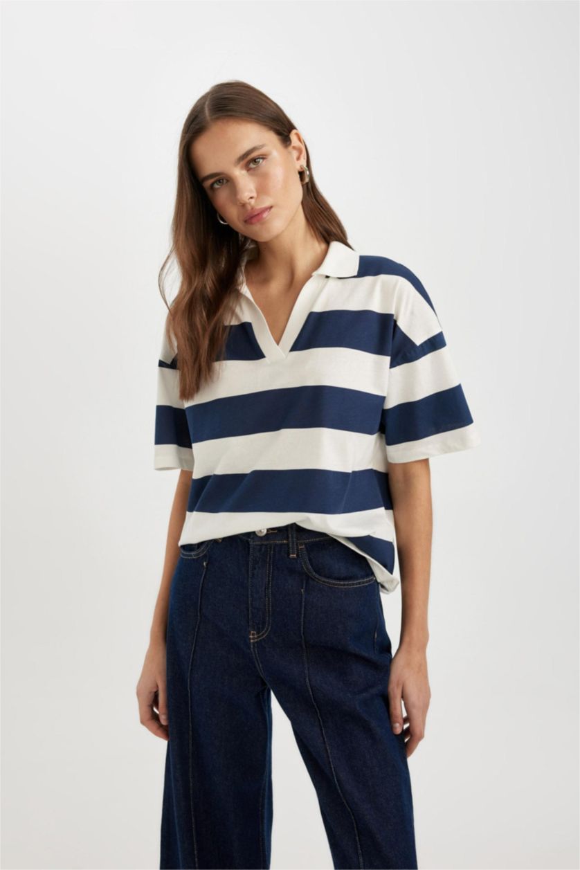Woman NAVY Relax Fit Polo Collar Striped Short Sleeve Polo T-Shirt
