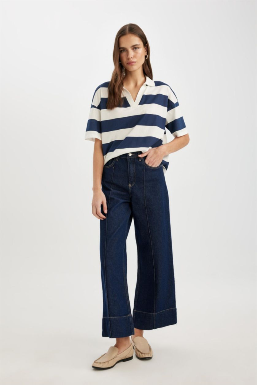 Woman NAVY Relax Fit Polo Collar Striped Short Sleeve Polo T-Shirt