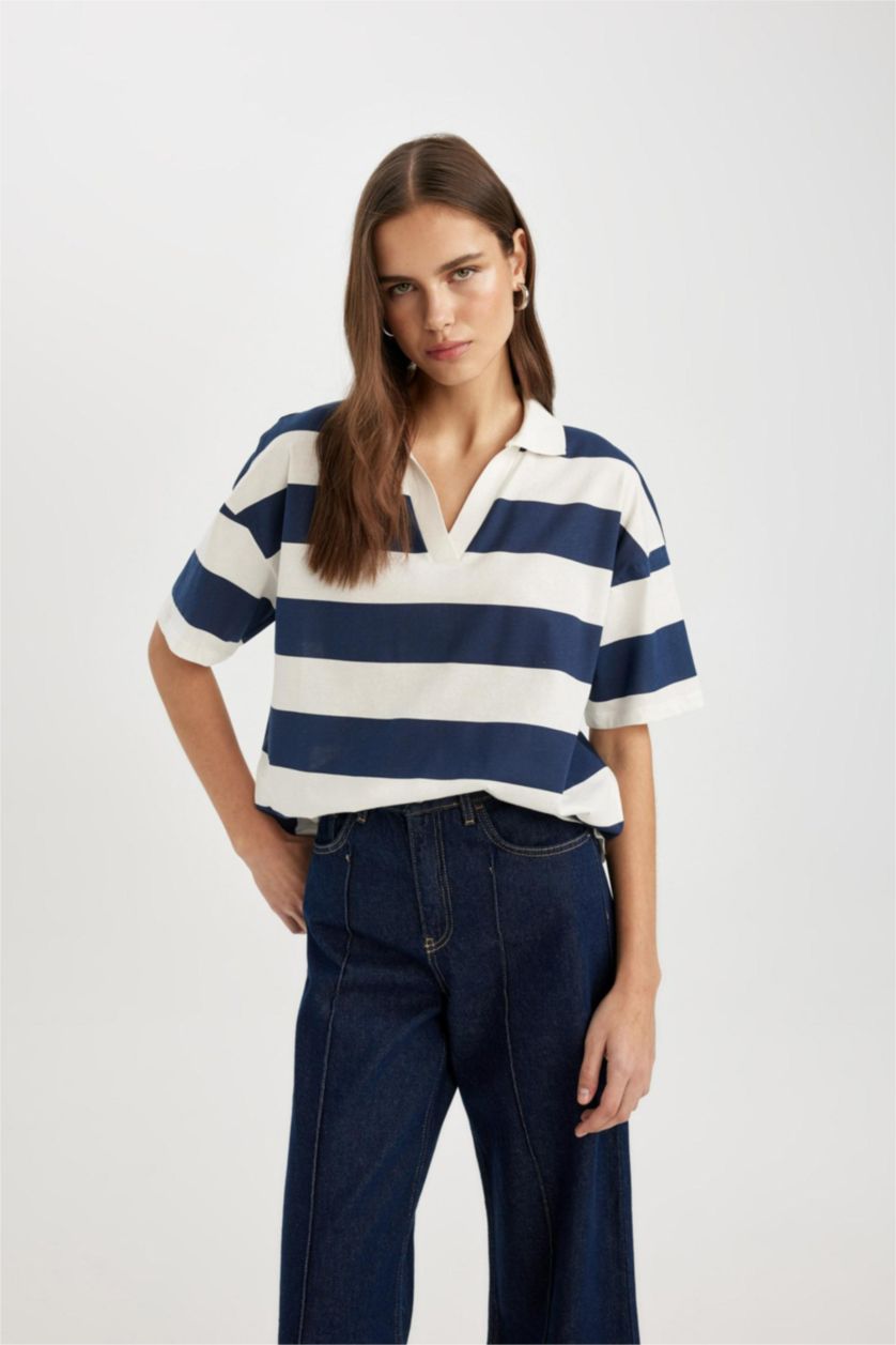 Woman NAVY Relax Fit Polo Collar Striped Short Sleeve Polo T-Shirt