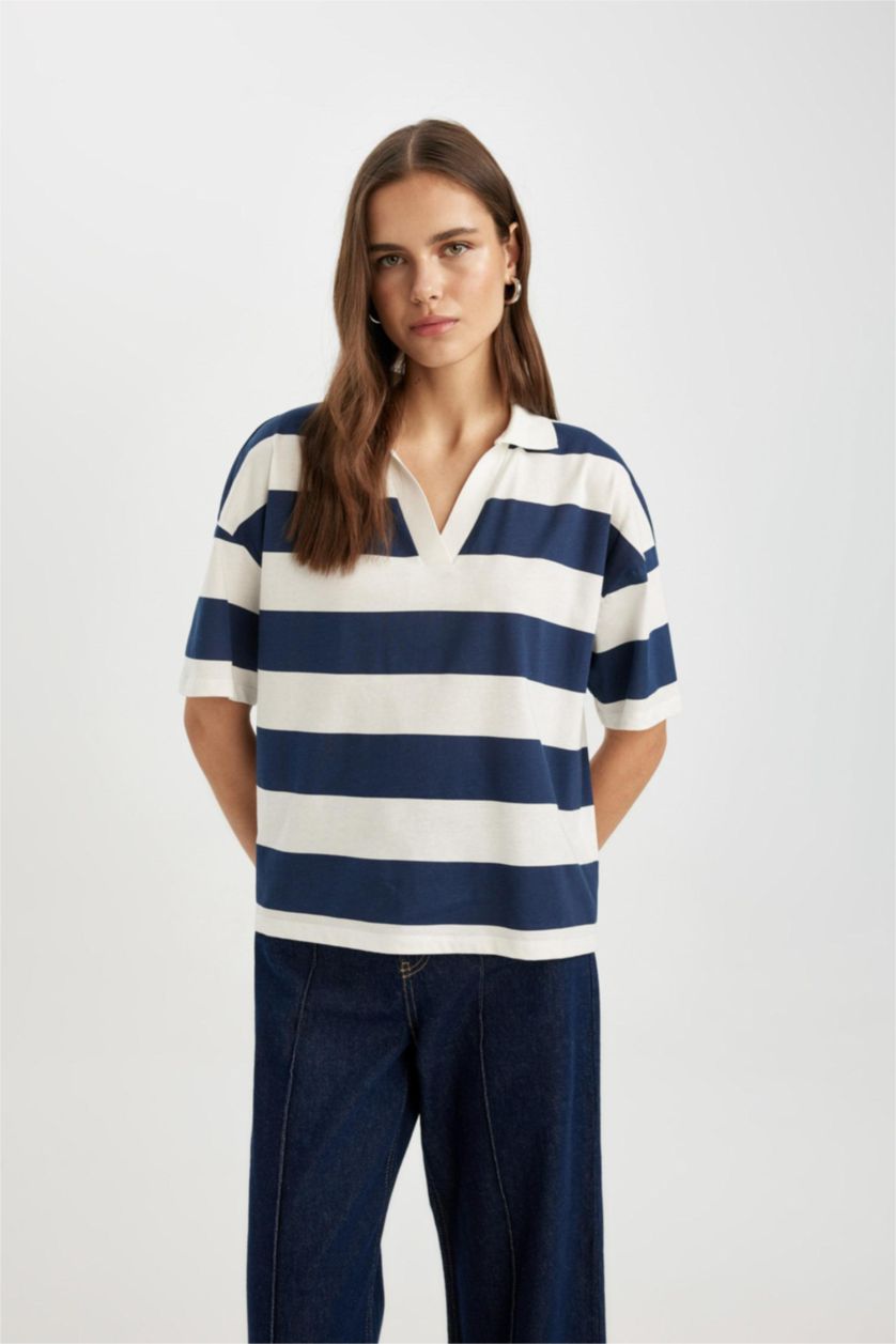 Woman NAVY Relax Fit Polo Collar Striped Short Sleeve Polo T-Shirt