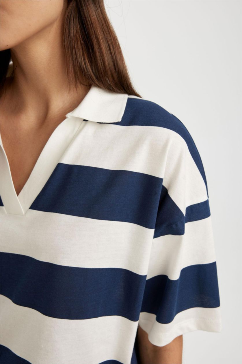 Woman NAVY Relax Fit Polo Collar Striped Short Sleeve Polo T-Shirt