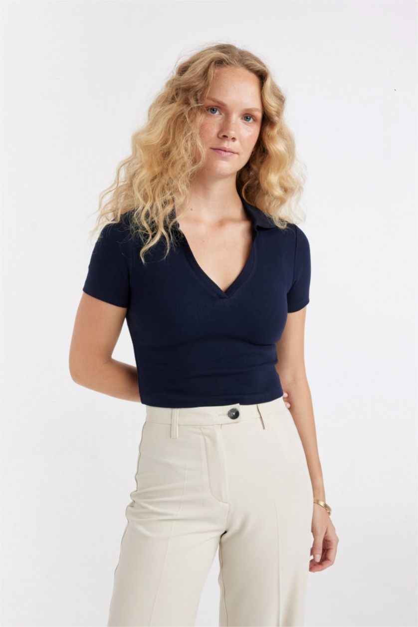 WOMAN NAVY Slim Fit Corduroy Short Sleeve Polo T-Shirt