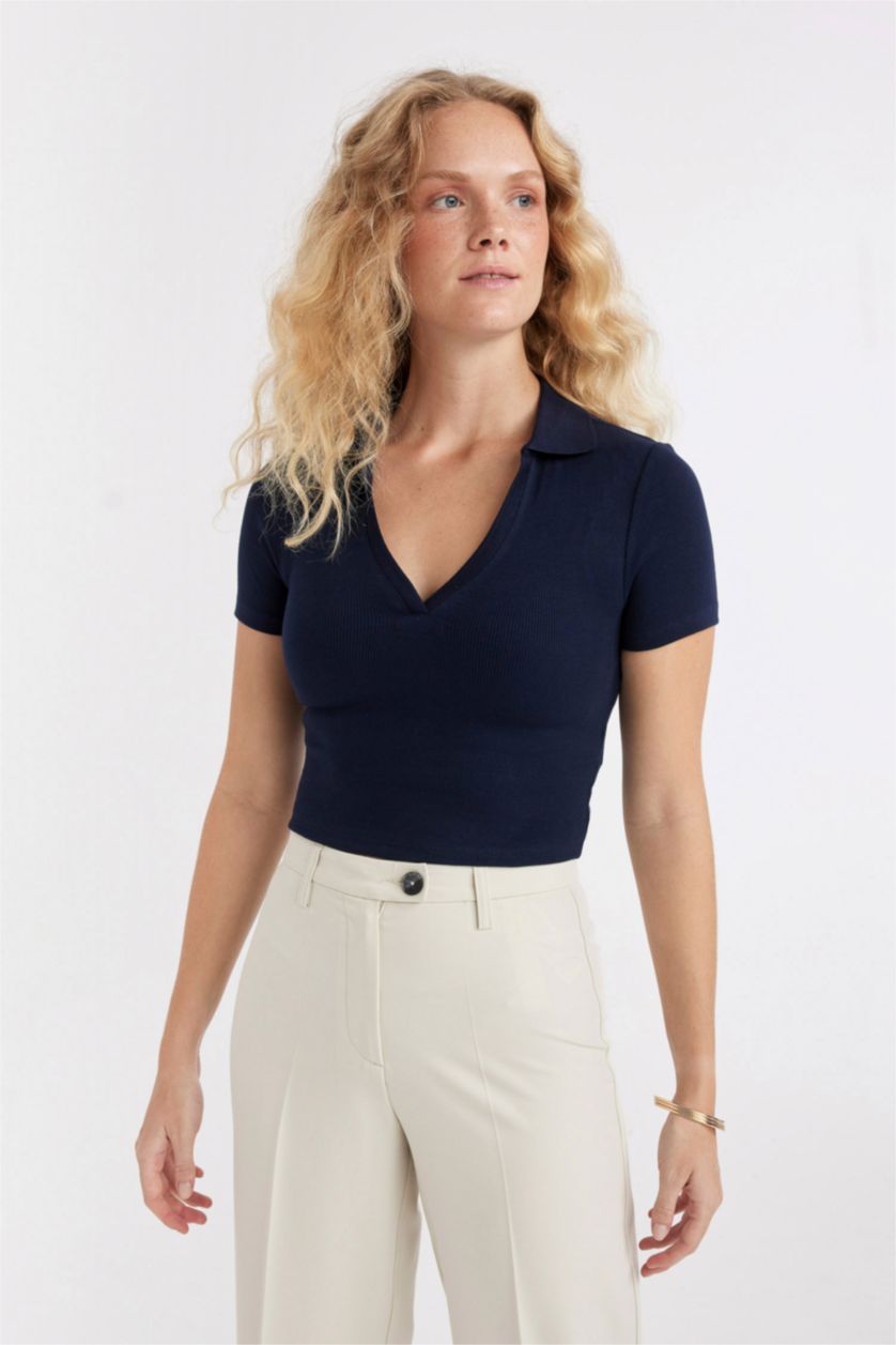 WOMAN NAVY Slim Fit Corduroy Short Sleeve Polo T-Shirt