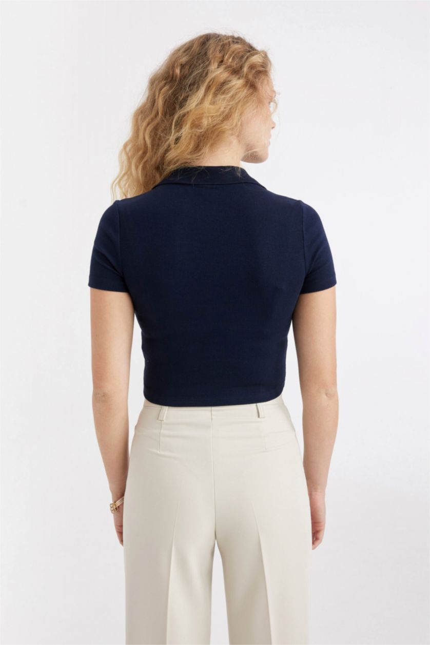 WOMAN NAVY Slim Fit Corduroy Short Sleeve Polo T-Shirt