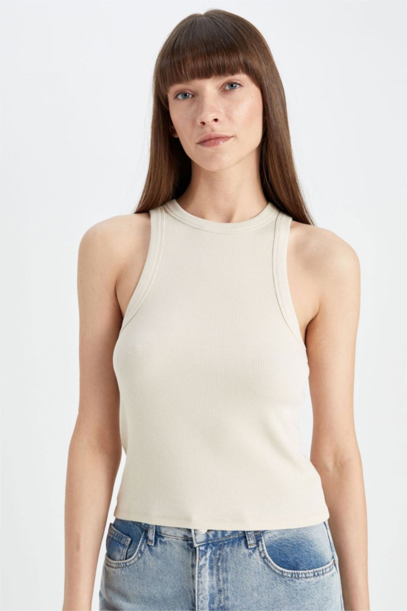 WOMAN Beige Slim Fit Camisole Halter Collar Tank Top