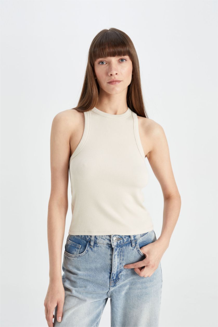 WOMAN Beige Slim Fit Camisole Halter Collar Tank Top