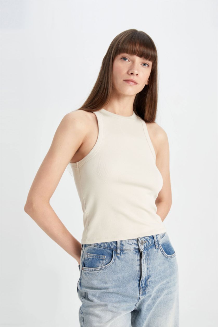 WOMAN Beige Slim Fit Camisole Halter Collar Tank Top