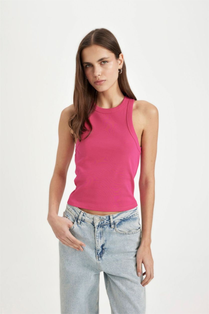 WOMAN Fushsia Slim Fit Halter Neck Ribbed Camisole Tank Top