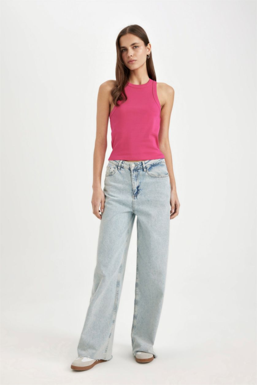 WOMAN Fushsia Slim Fit Halter Neck Ribbed Camisole Tank Top