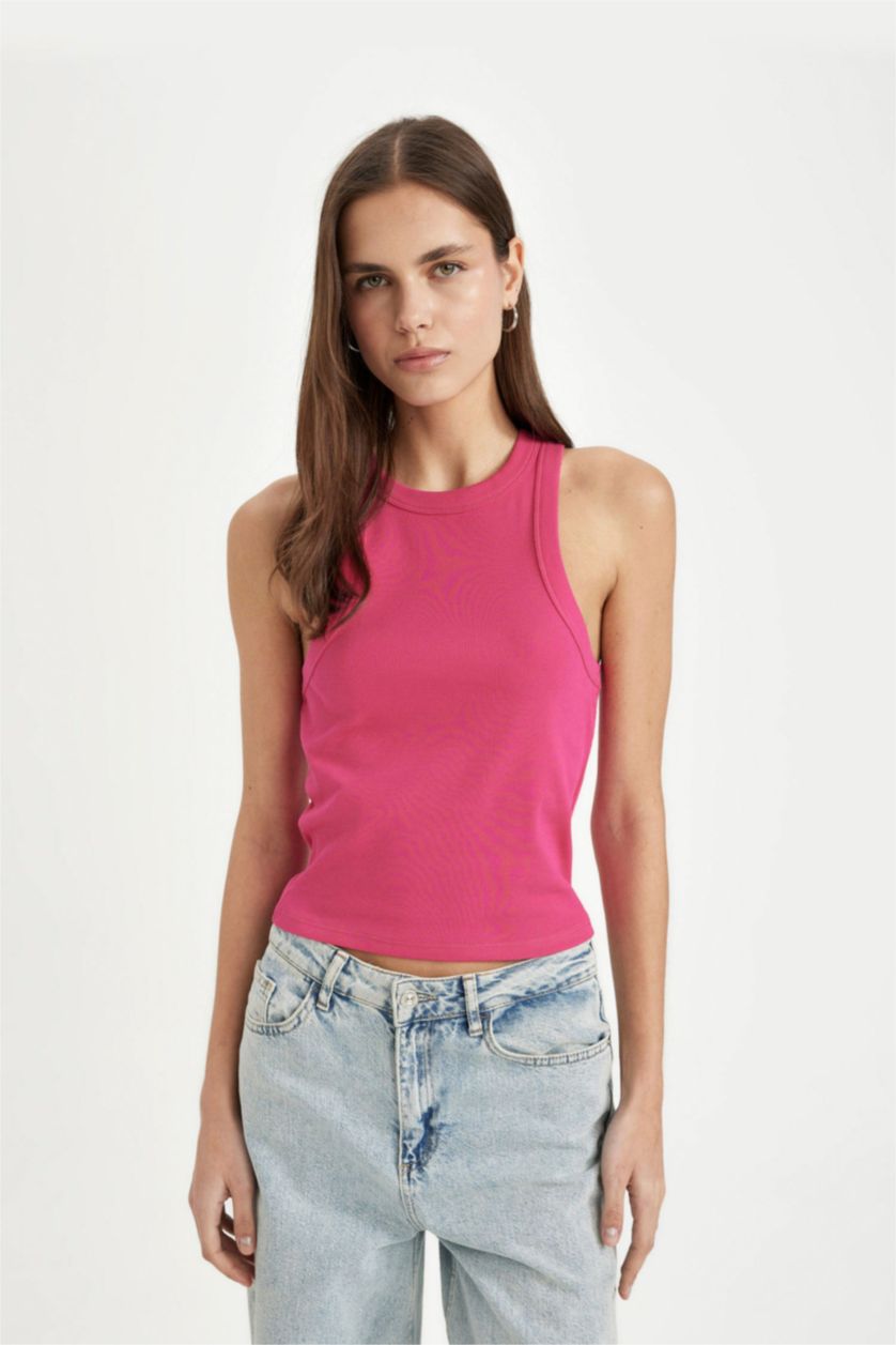 WOMAN Fushsia Slim Fit Halter Neck Ribbed Camisole Tank Top