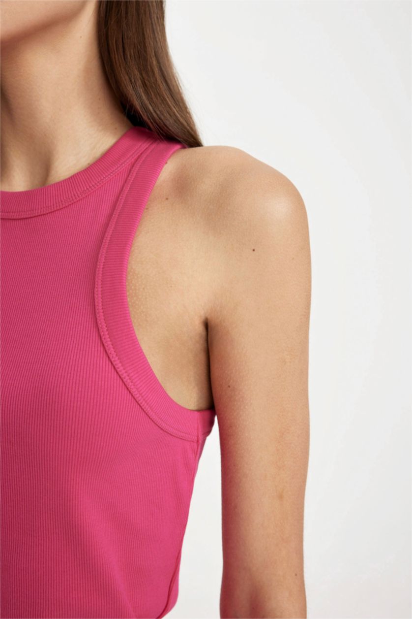 WOMAN Fushsia Slim Fit Halter Neck Ribbed Camisole Tank Top