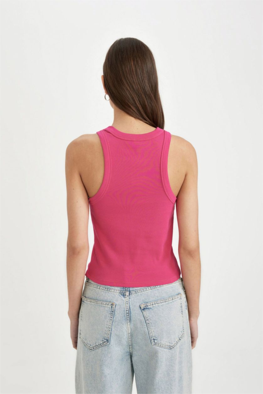 WOMAN Fushsia Slim Fit Halter Neck Ribbed Camisole Tank Top