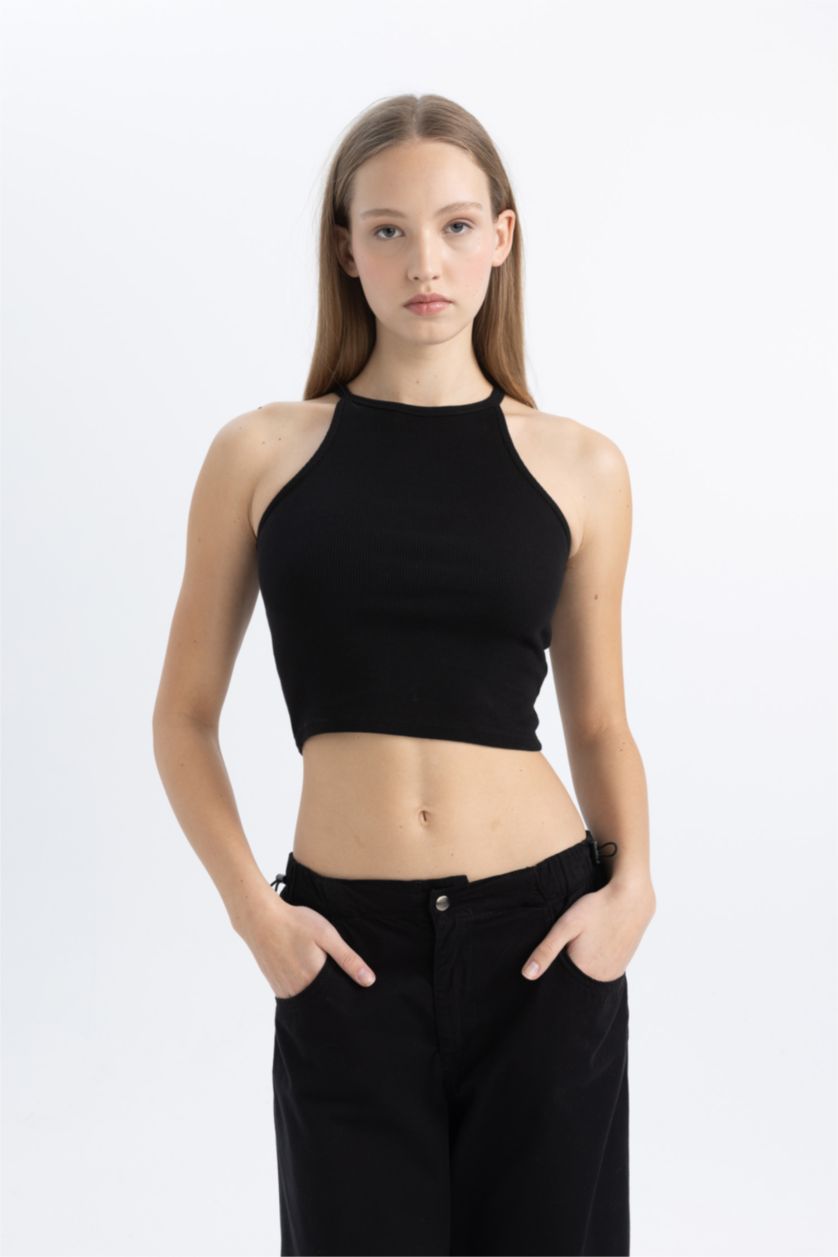 WOMAN Black Fitted Ribbed Camisole Crop Top