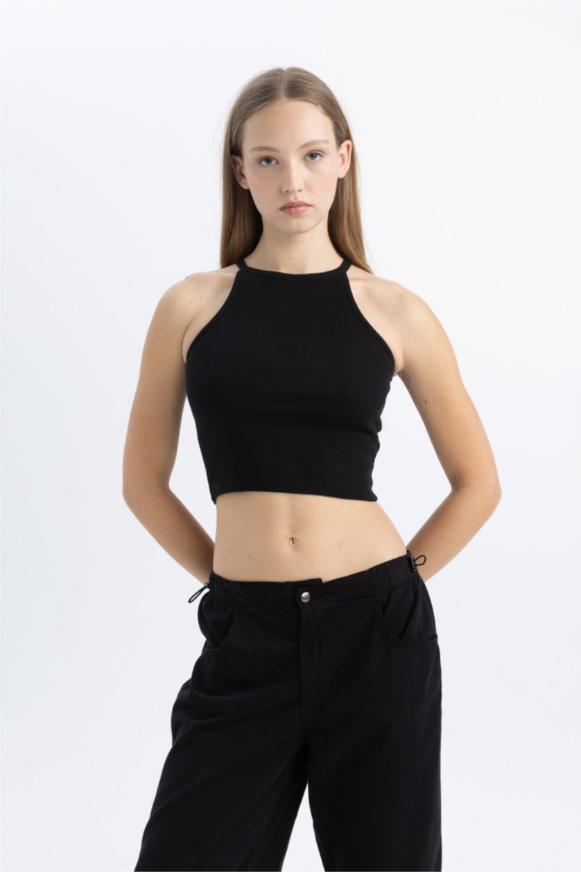 WOMAN Black Fitted Ribbed Camisole Crop Top