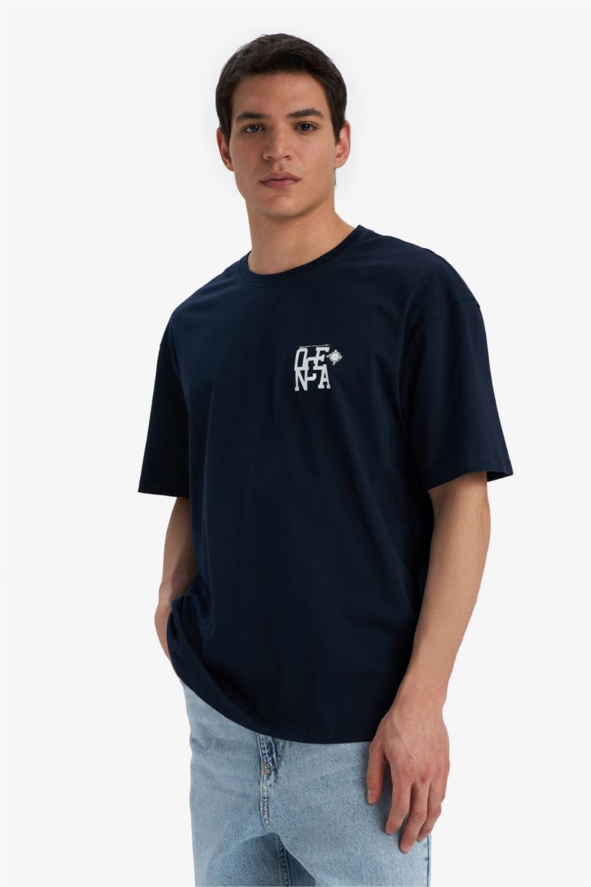 Erkek Lacivert %100 Pamuk Comfort Fit Bisiklet Yaka Baskılı Kısa Kollu Tişört