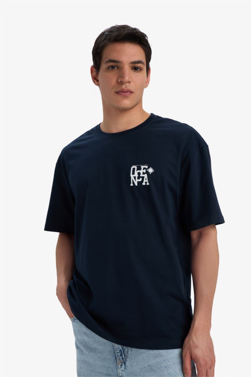 Erkek Lacivert %100 Pamuk Comfort Fit Bisiklet Yaka Baskılı Kısa Kollu Tişört