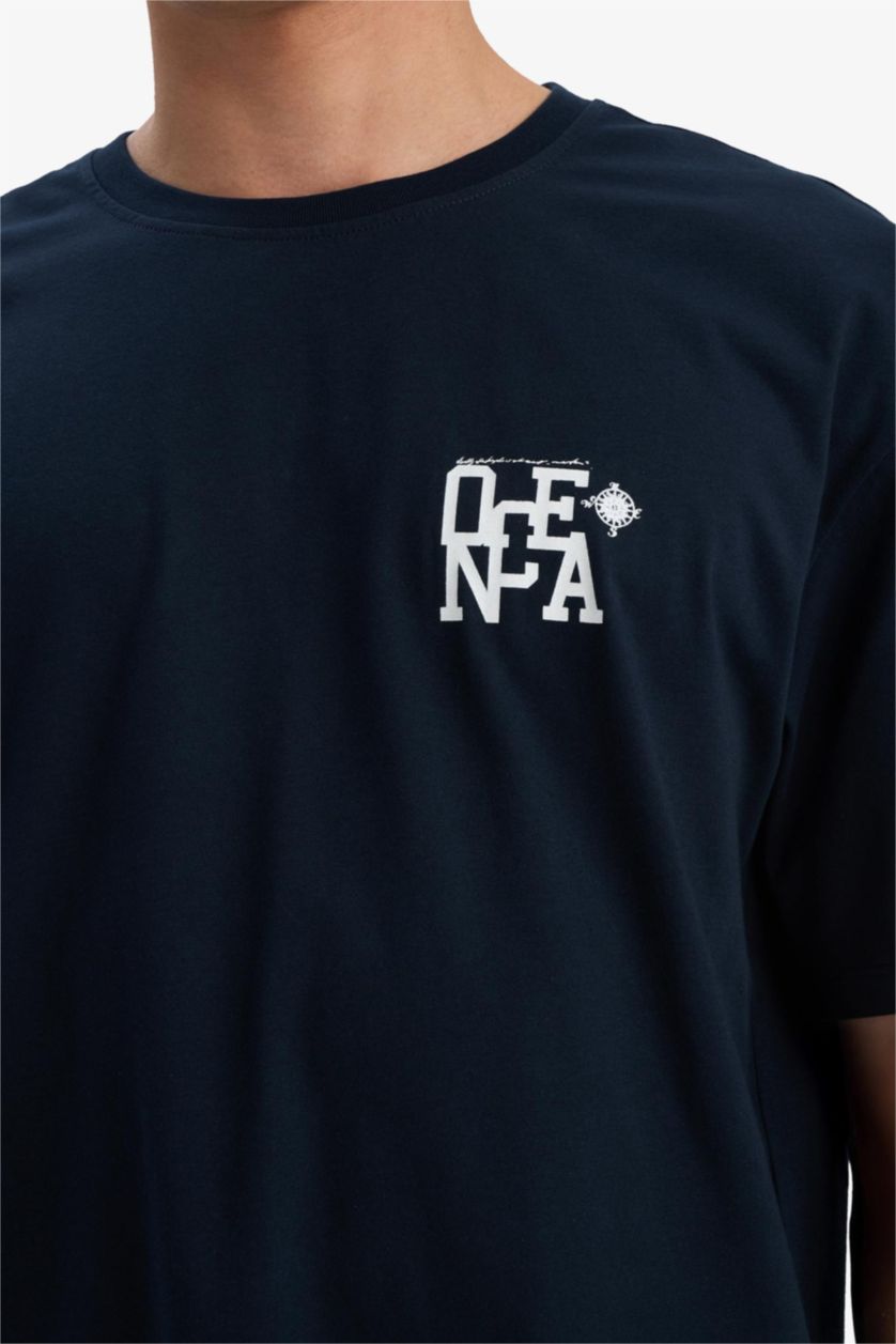 Erkek Lacivert %100 Pamuk Comfort Fit Bisiklet Yaka Baskılı Kısa Kollu Tişört