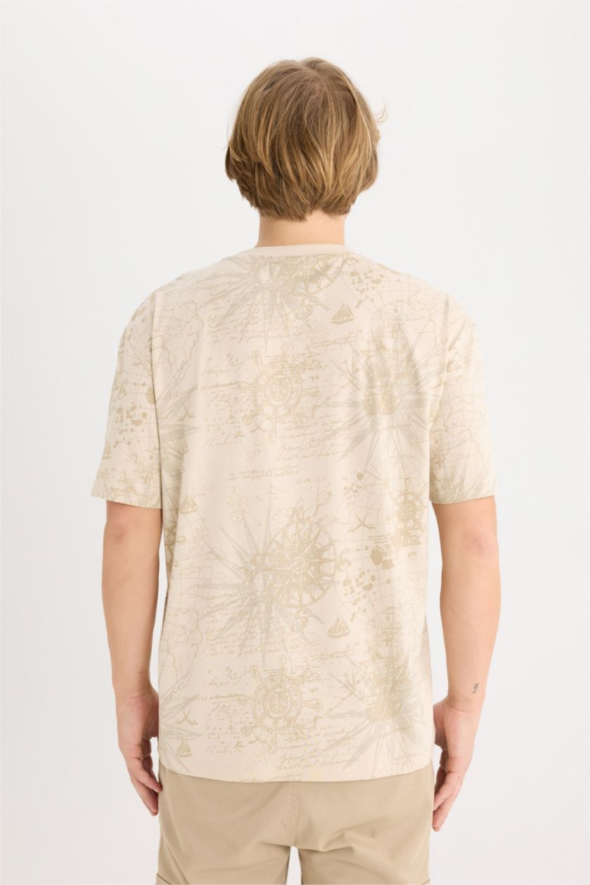 رجالي اللون الحجري تيشيرت قطن أوفر سايز نص كم برقبة مستديرة