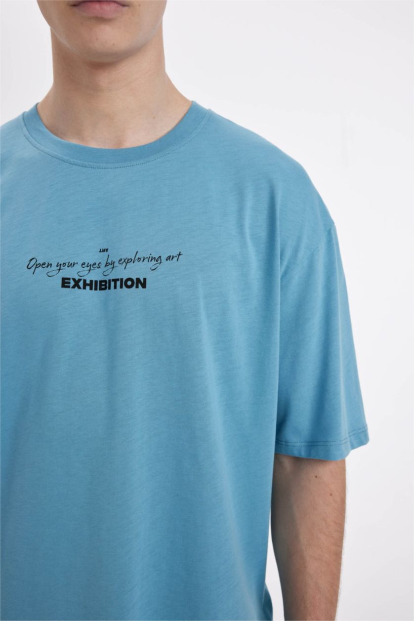 رجال أزرق تيشيرت نص ردن اوفر سايز مطبوع بياخة مستديرة