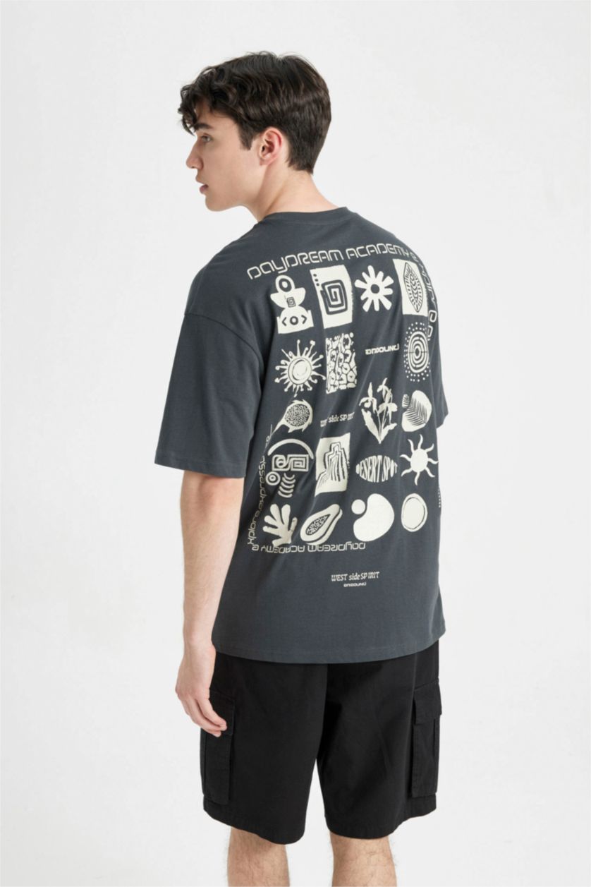 رجالي أنثرا تي شيرت مطبوع بقصة مريحة برقبة مستديرة