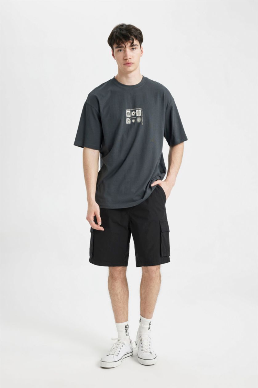 رجالي أنثرا تي شيرت مطبوع بقصة مريحة برقبة مستديرة