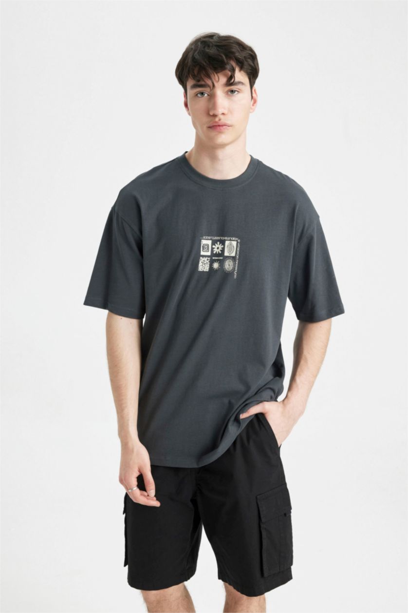 رجالي أنثرا تي شيرت مطبوع بقصة مريحة برقبة مستديرة