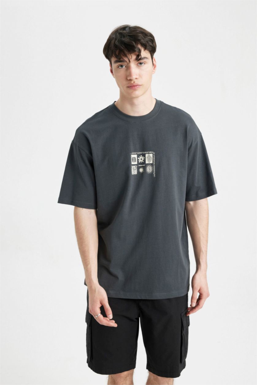 رجالي أنثرا تي شيرت مطبوع بقصة مريحة برقبة مستديرة