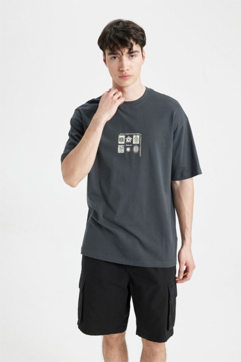 رجالي أنثرا تي شيرت مطبوع بقصة مريحة برقبة مستديرة